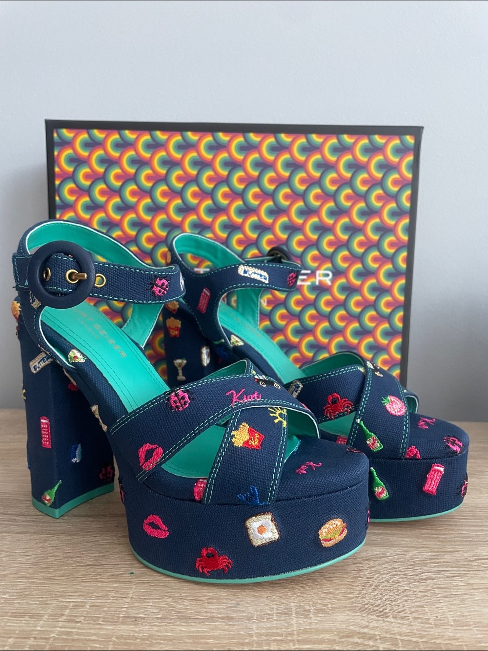 Kurt Geiger Navy Embroidered Platform Sandals with Teal Insole